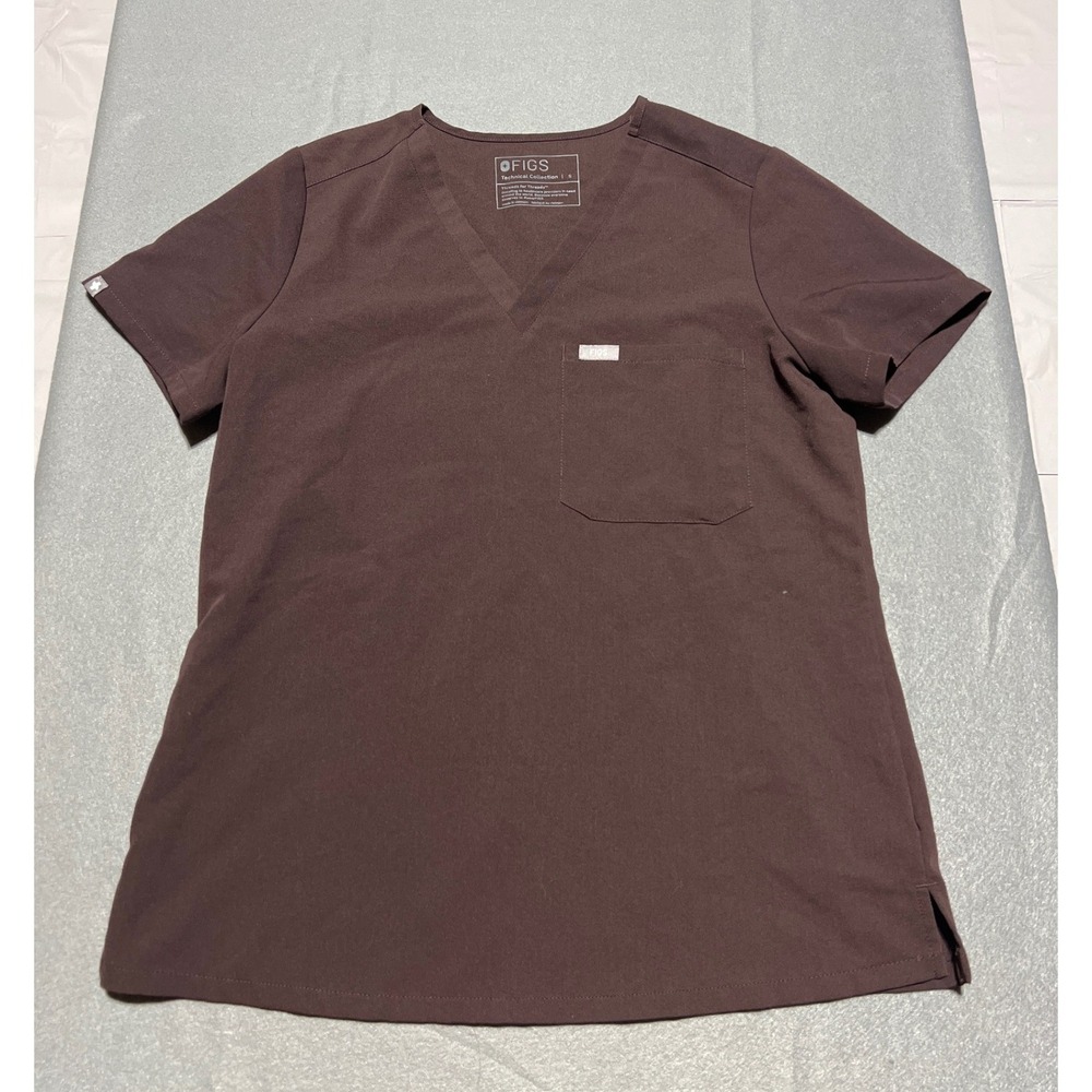 FIGS Catarina V-Neck Scrub Top Espresso Brown Small FW1000 Short Sleeve Pocket